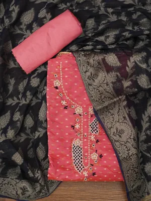 Pink Unstitched Zari Embellished Cotton Blend Dress Material with Dupatta