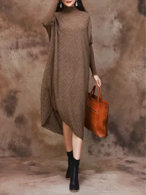 Plus Size Knitted Loose Bat Sleeve Stripe Midi Dress for Women