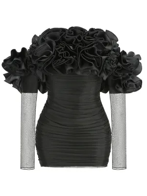 Pre Order:  Floral Ruffled Off Shoulder Mesh Bodycon Dress