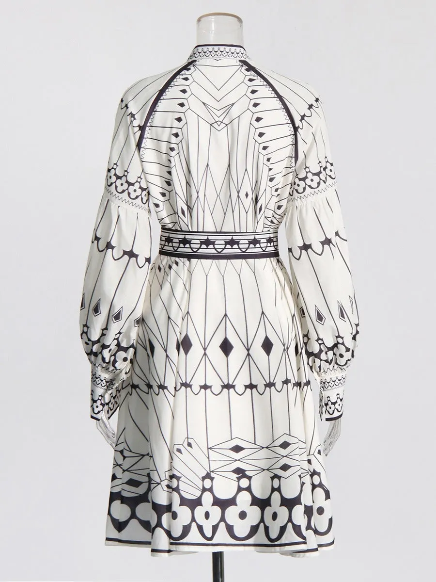 Pre Order:  Printed Stand Collar Lantern Sleeve Dress