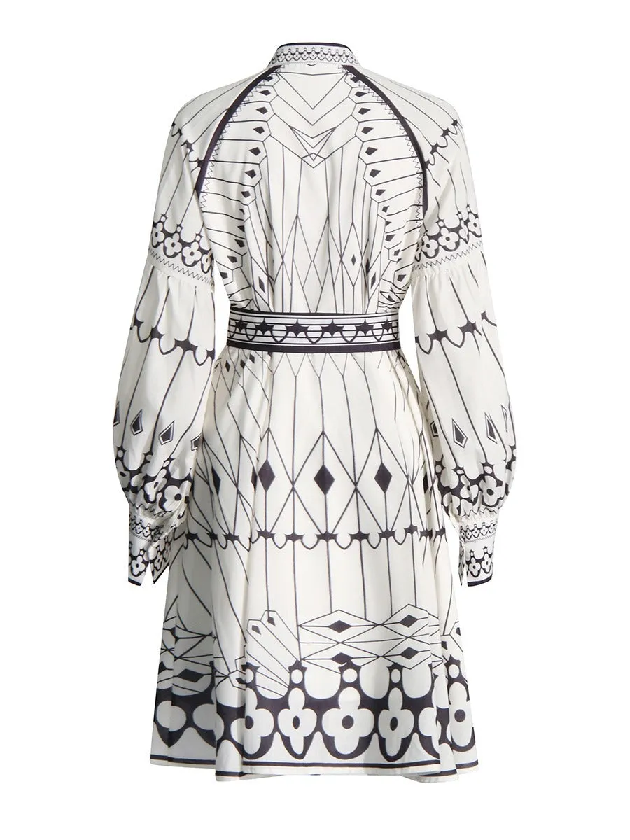 Pre Order:  Printed Stand Collar Lantern Sleeve Dress