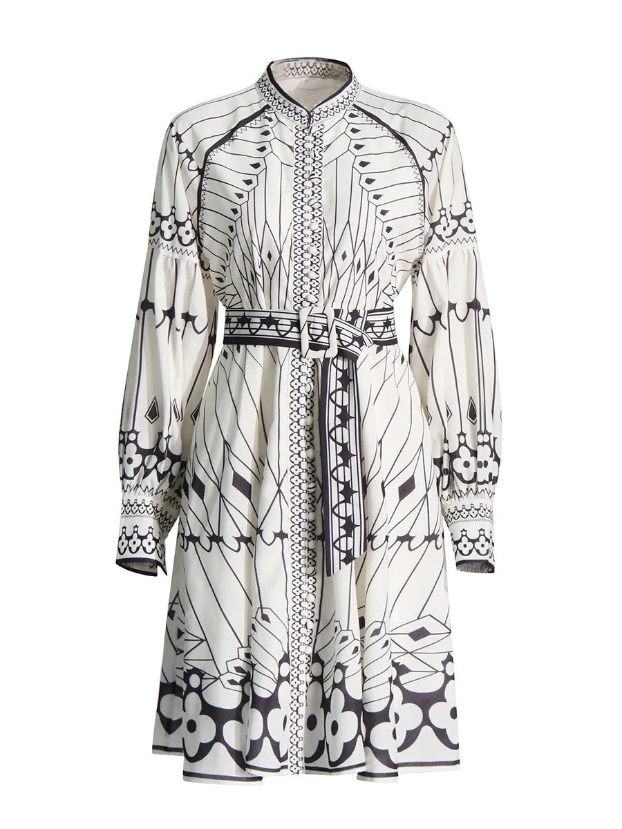 Pre Order:  Printed Stand Collar Lantern Sleeve Dress