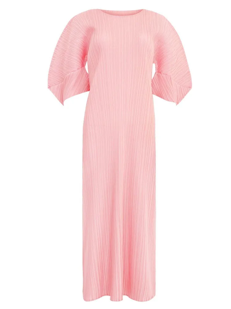 Pre Order:  Solid Folding Sleeve Pleated A-Line Dress