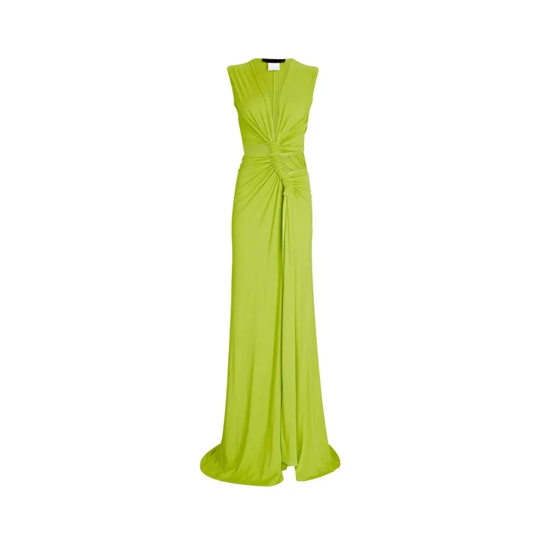 Pre Order:  Solid Hollow Knot Slit V-Neck Pleated Irregular Dress