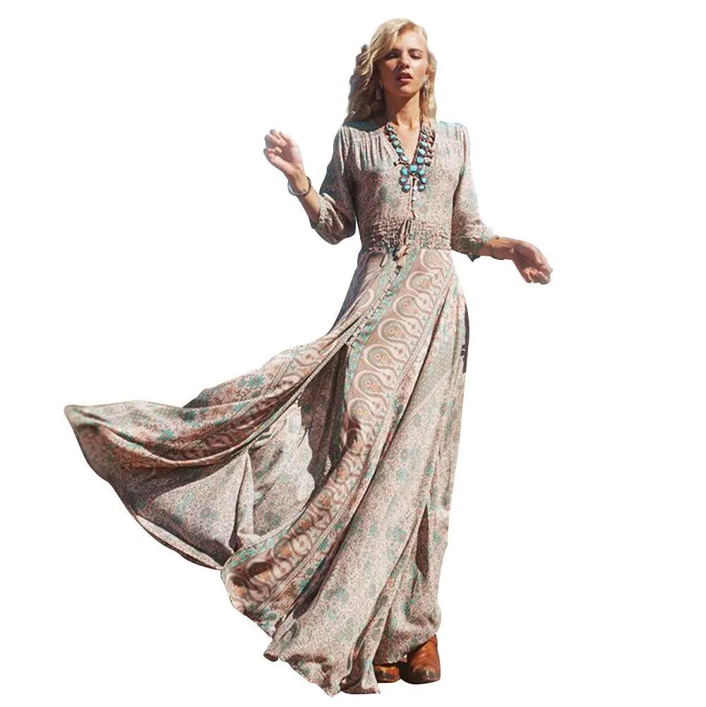 Printed 3 4 Sleeve Elastic Waist Dress