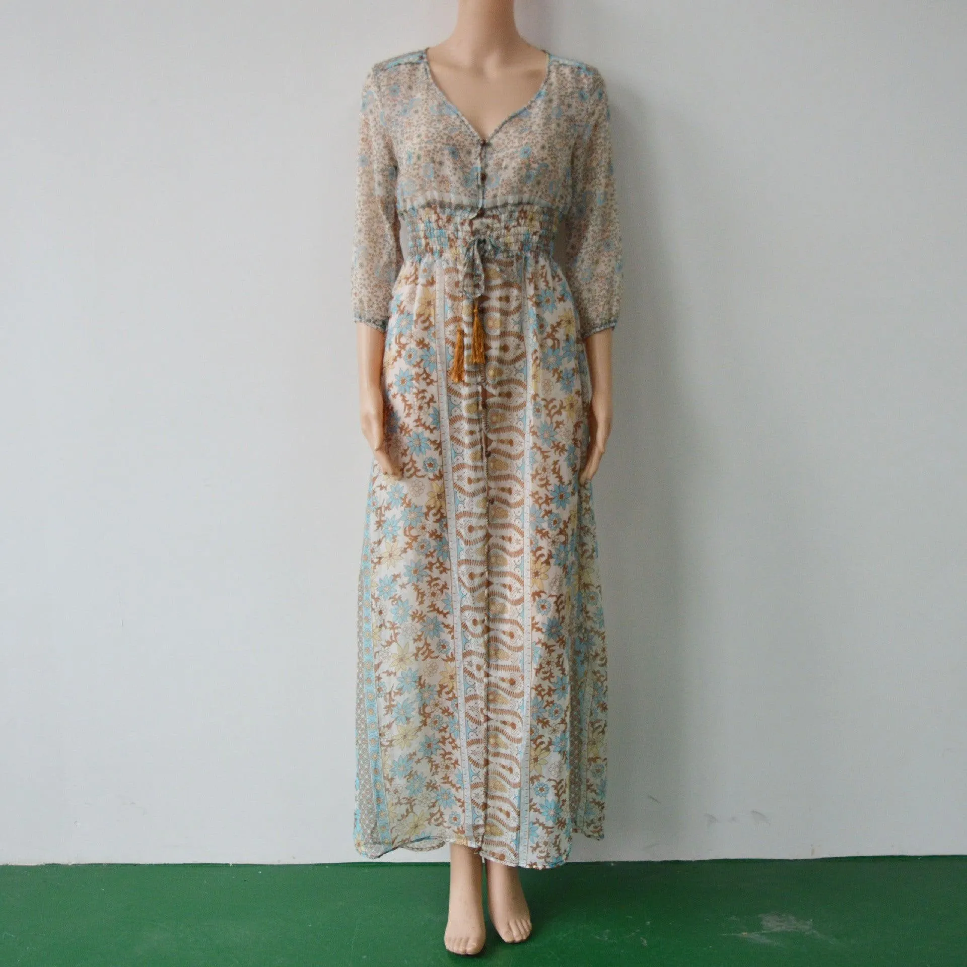 Printed 3 4 Sleeve Elastic Waist Dress