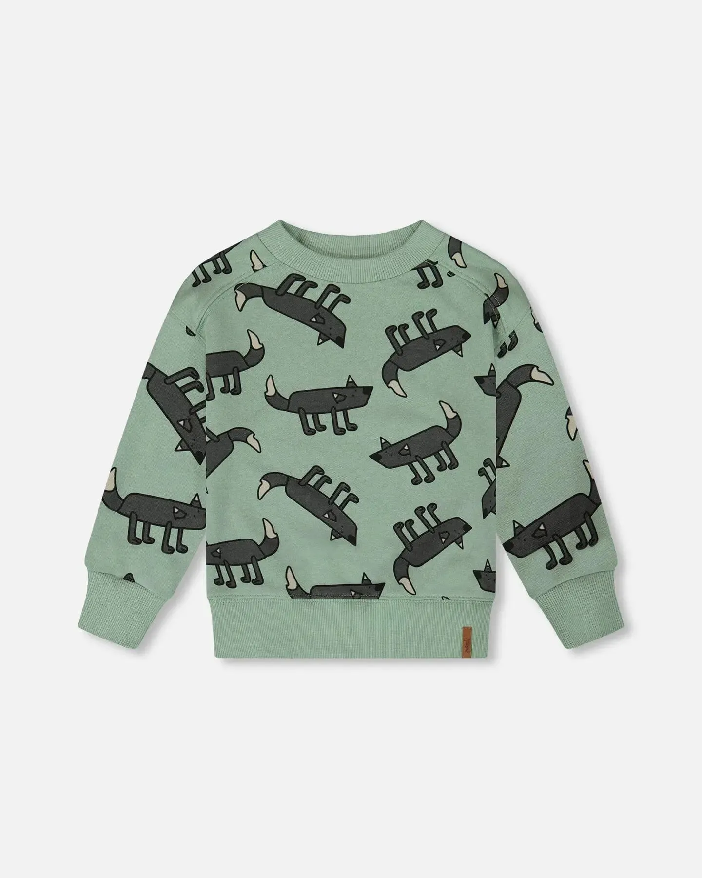 Printed Pullover French Terry Sweatshirt Gray Wolf On Teal Background