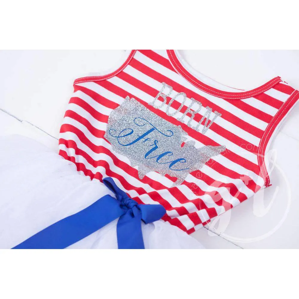 "BORN FREE" Red, White & Blue Dress Silver USA Map Sleeveless