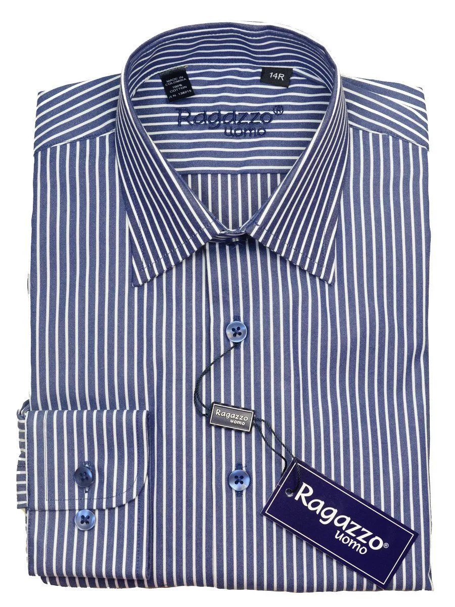 Ragazzo 20604 100% Brushed Cotton Boy's Dress Shirt - Stripe - Blue / White, Modified Spread Collar