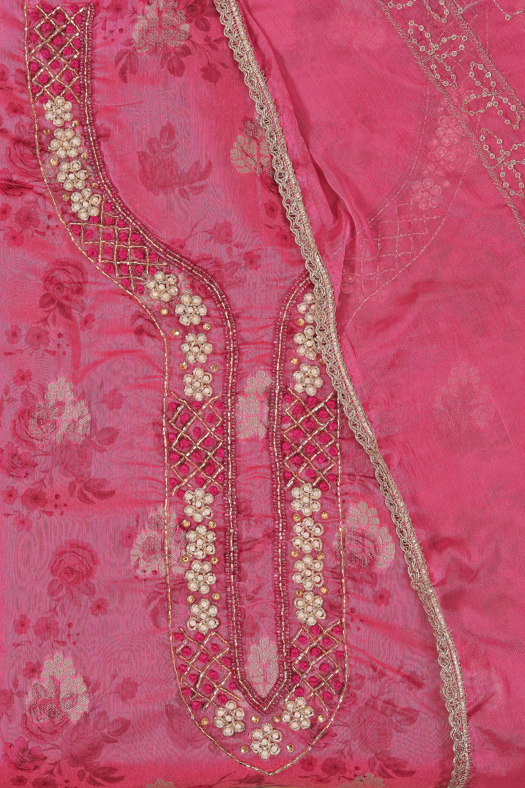 Rani Silk Blend Embellished Dress Material With Dupatta