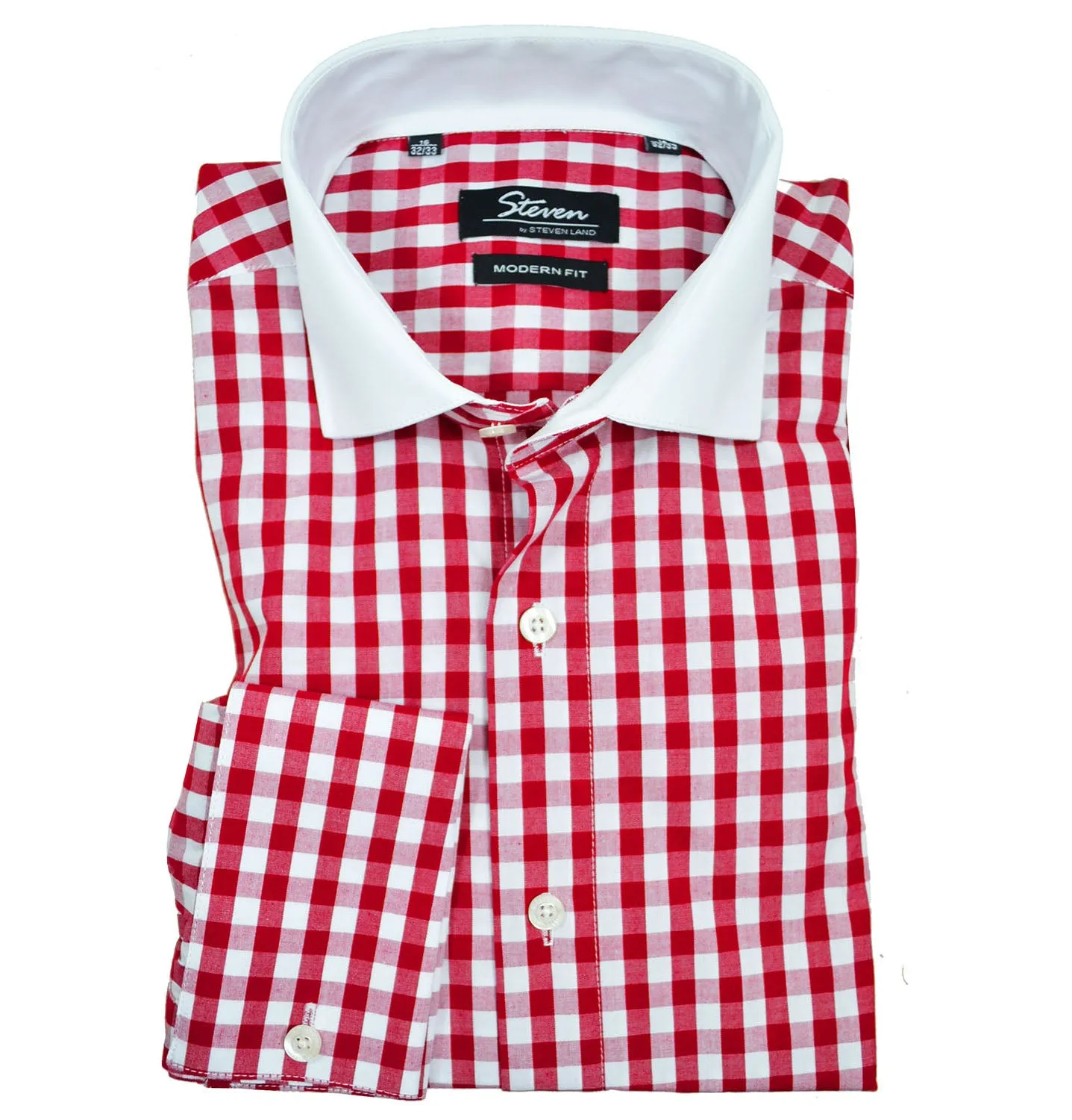 Red and White Plaid Slim Fit Dress Shirt