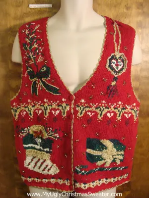 Red Ornate Tacky Bad Christmas Sweater Vest