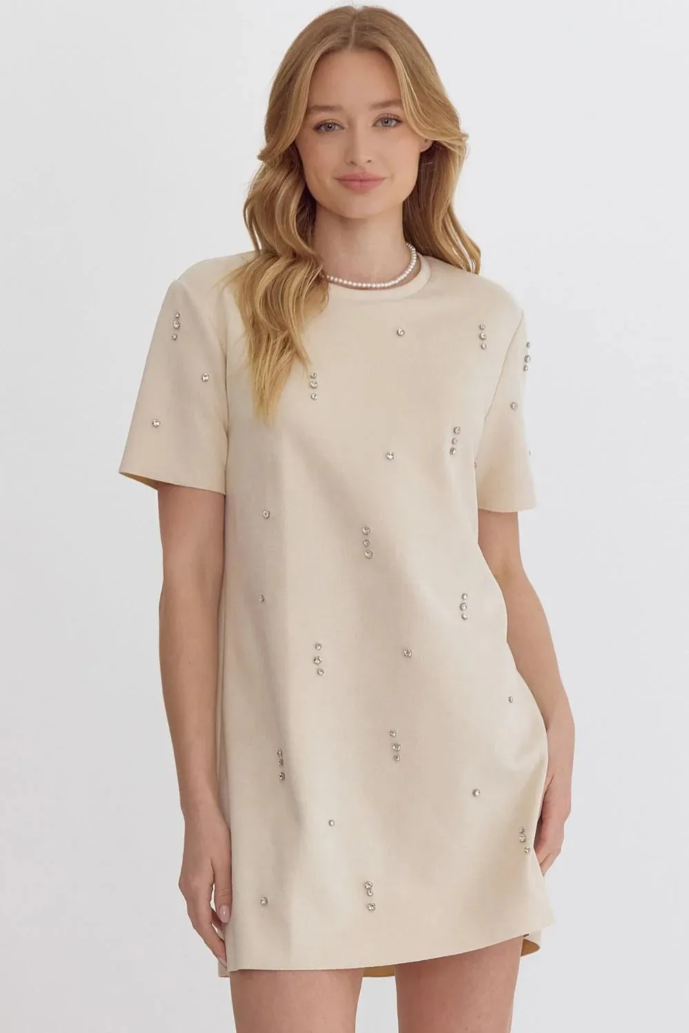 Rhinestone T-Shirt Dress - Ecru