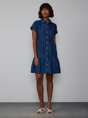 Short Sleeve Chambray Tiered Shirt Dress