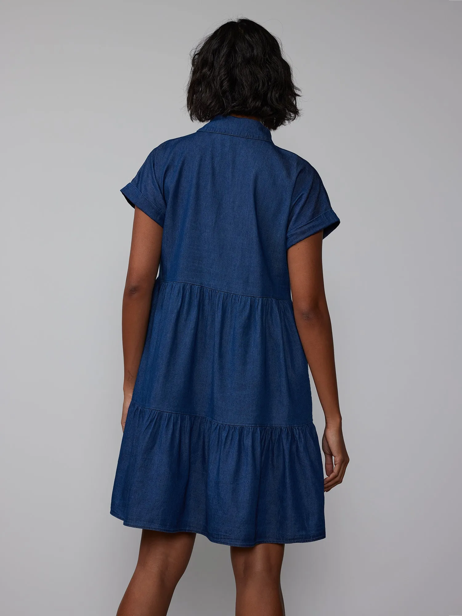 Short Sleeve Chambray Tiered Shirt Dress