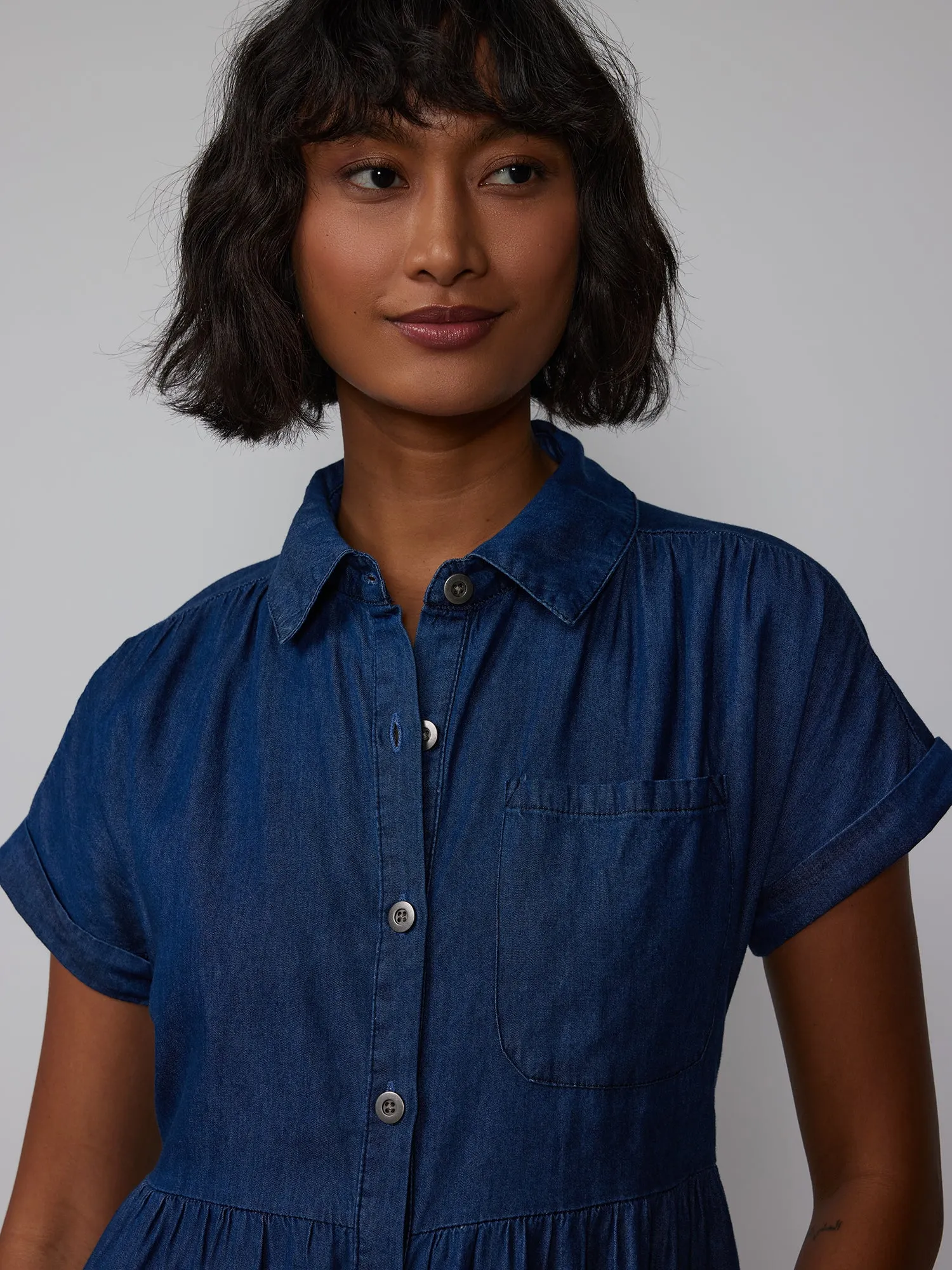 Short Sleeve Chambray Tiered Shirt Dress