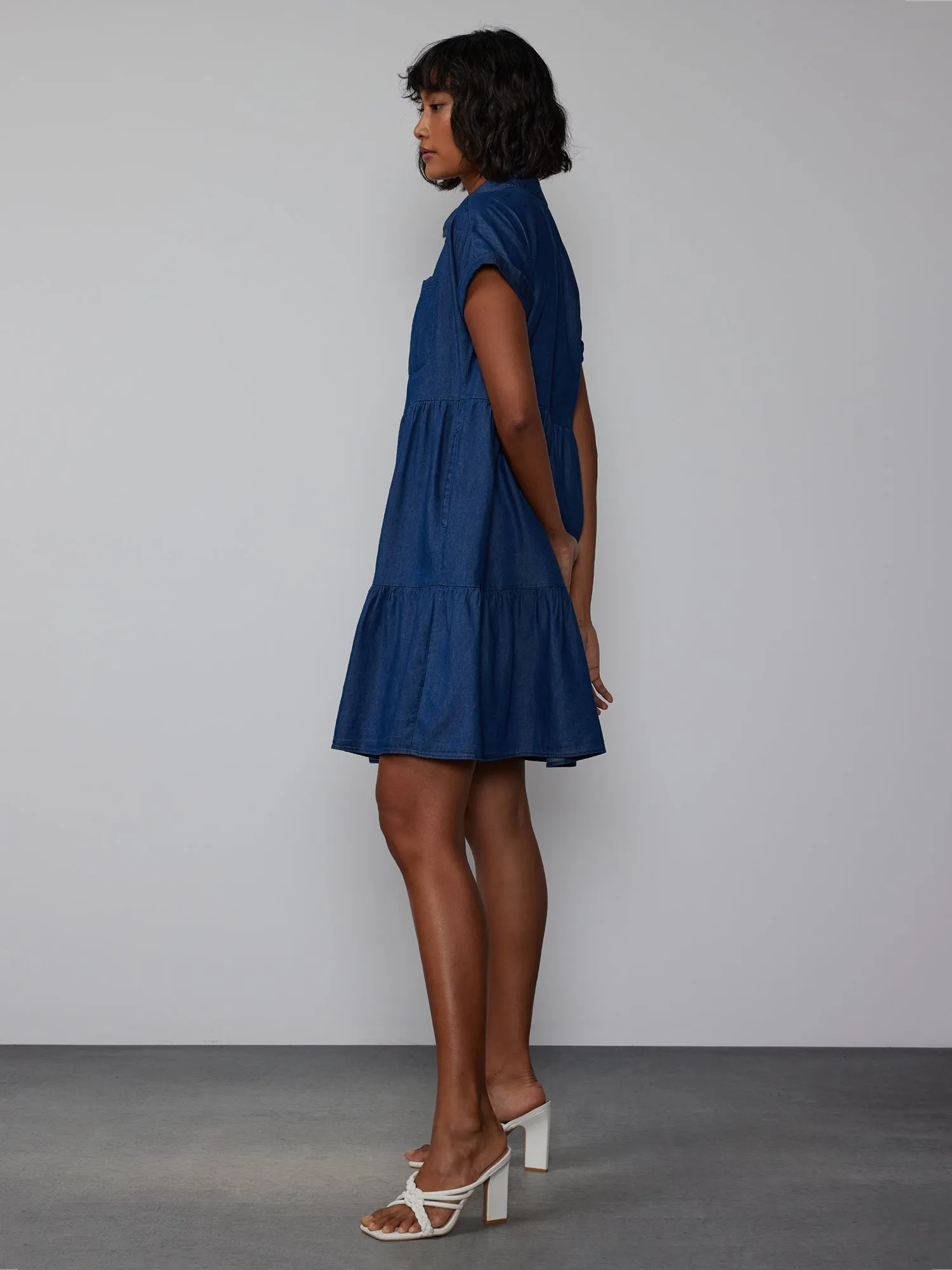 Short Sleeve Chambray Tiered Shirt Dress