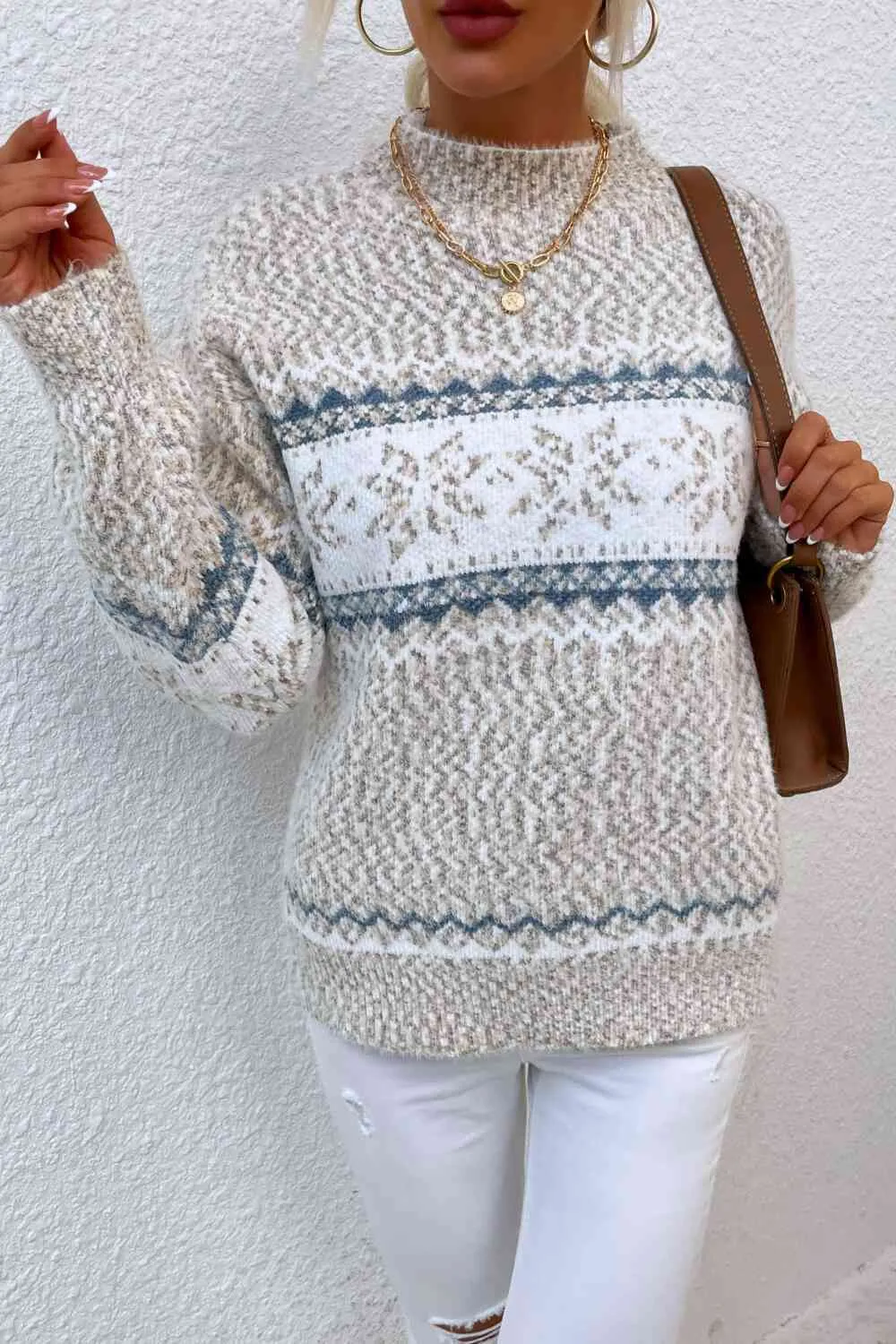 Snowflake Pattern Mock Neck Sweater