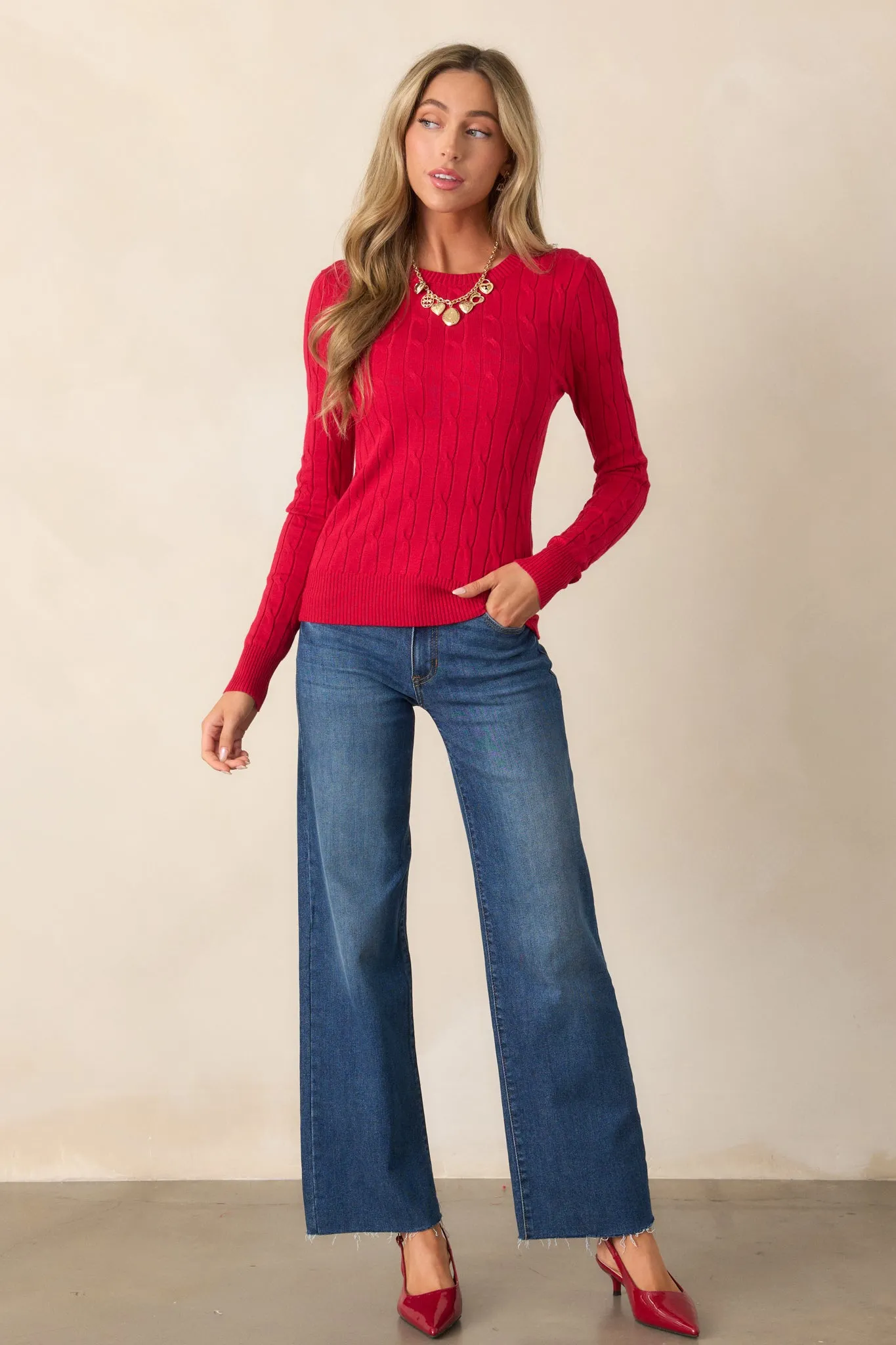 Softly Spoken Red Cable Knit Sweater