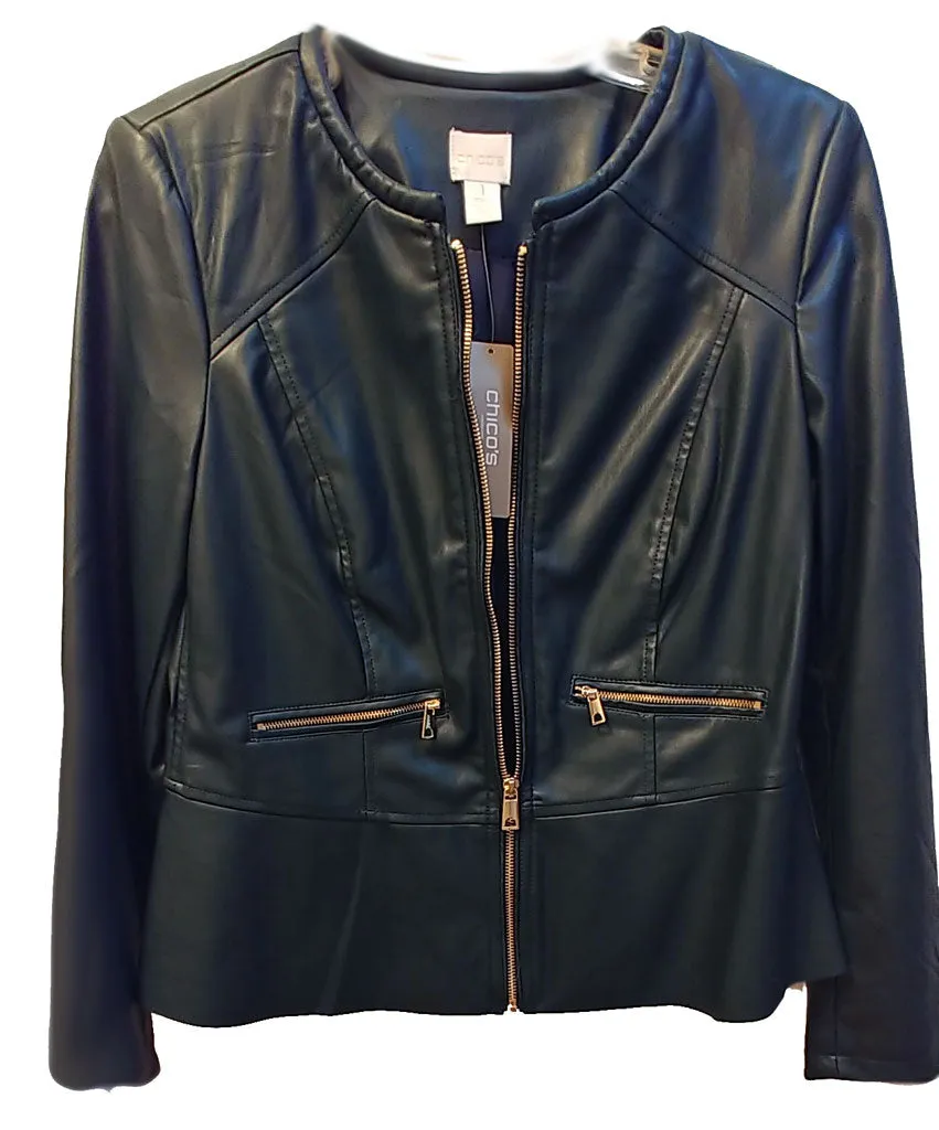 SOLD - NEW WITH TAG - CHICO'S CHIC FAUX LEATHER MOTO JACKET IN DARK FOREST GREEN ACCENTED WITH SPARKLING LARGE GOLD ZIPPERS - WOULD MAKE A WONDERFUL CHRISTMAS OR BIRTHDAY GIFT