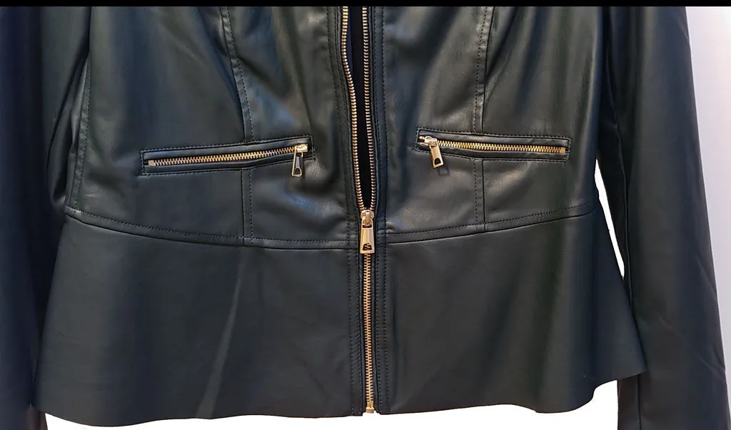 SOLD - NEW WITH TAG - CHICO'S CHIC FAUX LEATHER MOTO JACKET IN DARK FOREST GREEN ACCENTED WITH SPARKLING LARGE GOLD ZIPPERS - WOULD MAKE A WONDERFUL CHRISTMAS OR BIRTHDAY GIFT