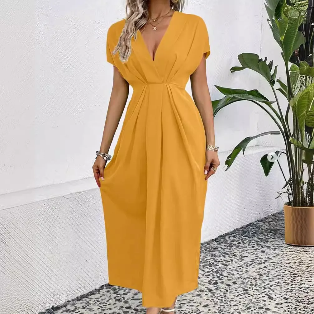 Solid Color Deep V Shoulder Sleeve Folding Elastic Waist Long Dress