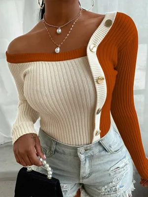 Splicing Metal Buckle Strapless Sweater