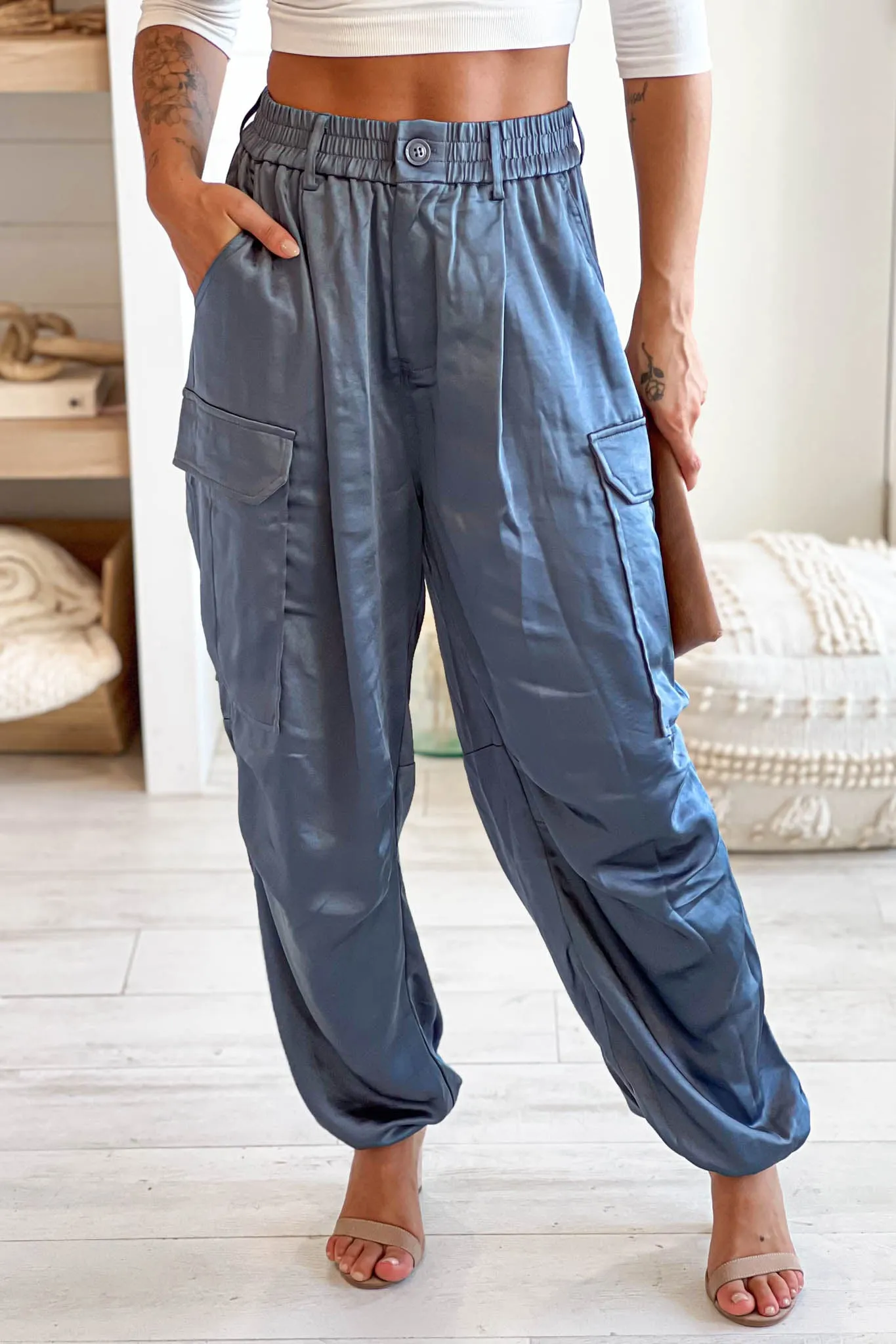 Steel Blue Wide Leg Cargo Pants