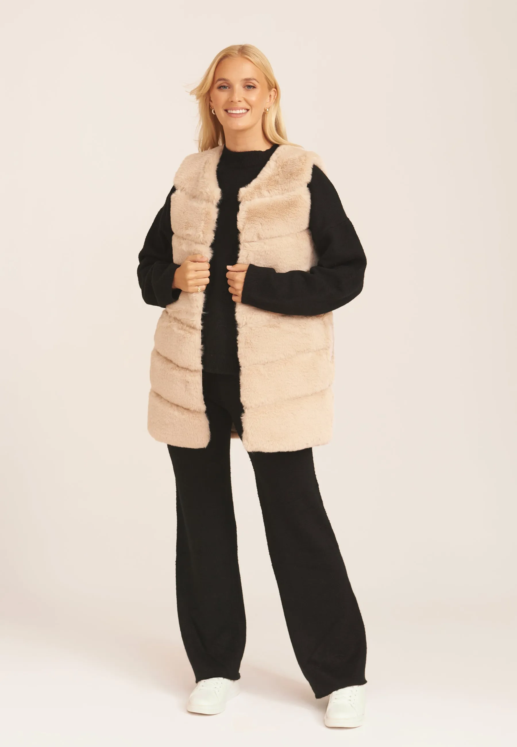 Stone Diagonal Cut Sleeveless Faux Fur Gilet