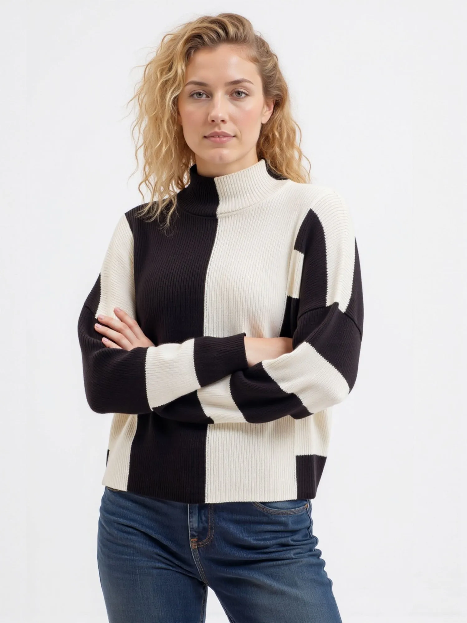 Stripe Colorblock Mock Neck Knit Sweater