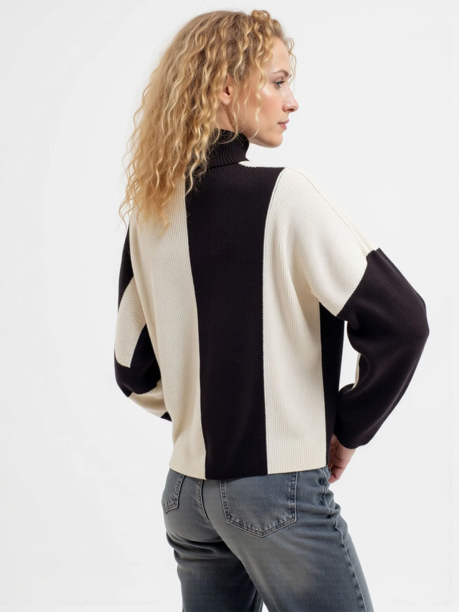 Stripe Colorblock Mock Neck Knit Sweater