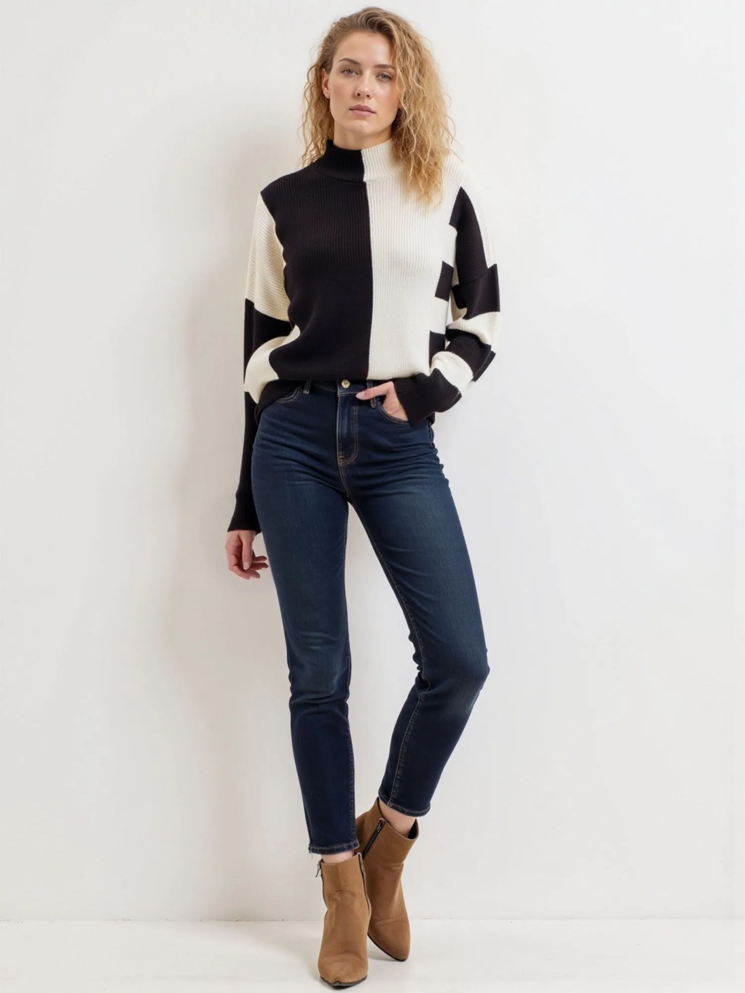 Stripe Colorblock Mock Neck Knit Sweater