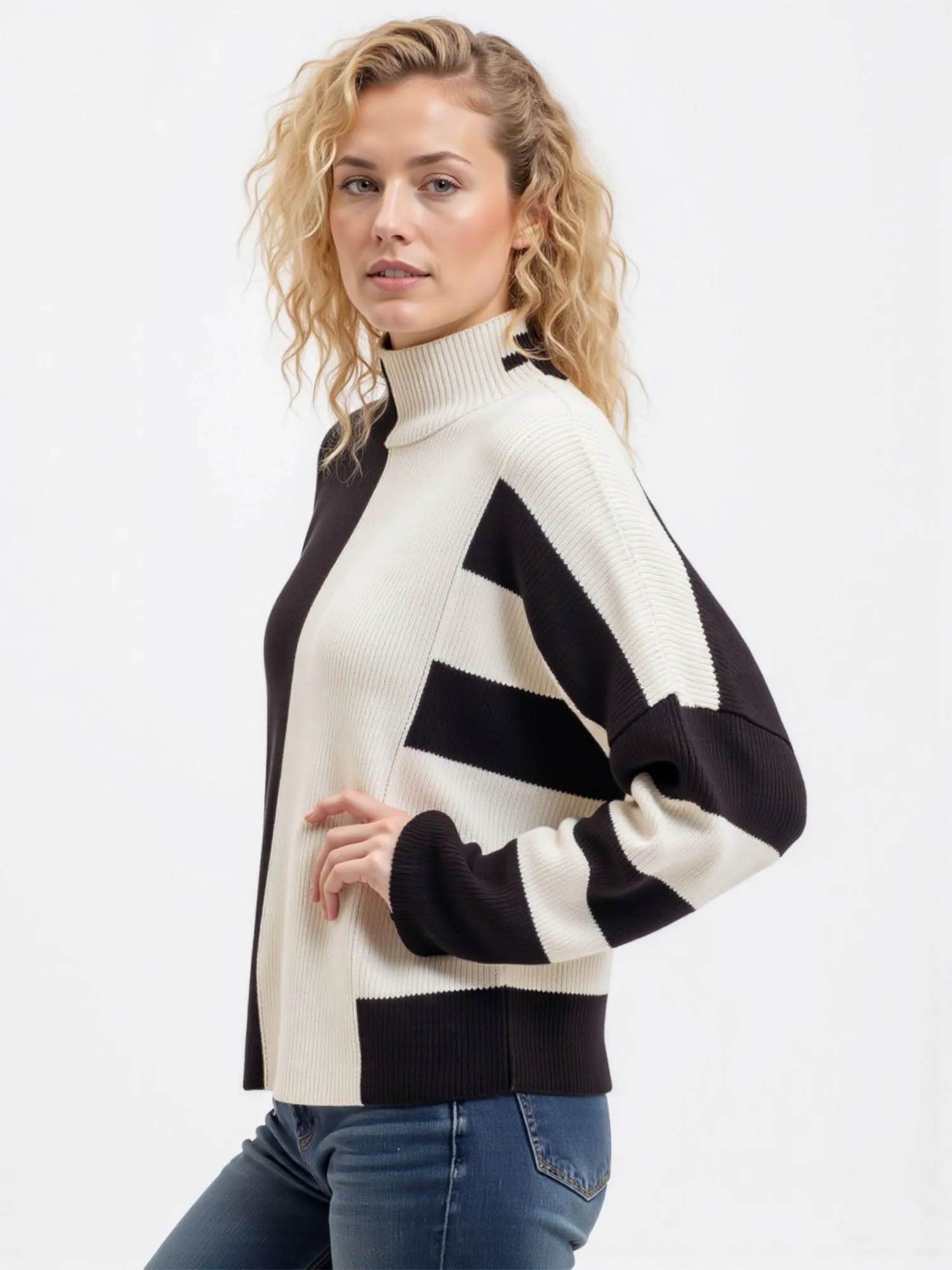 Stripe Colorblock Mock Neck Knit Sweater