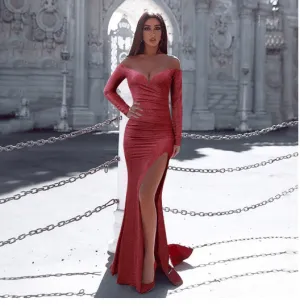 Stunning One-Shoulder Evening Dress with Long Sleeves and High Split Hip