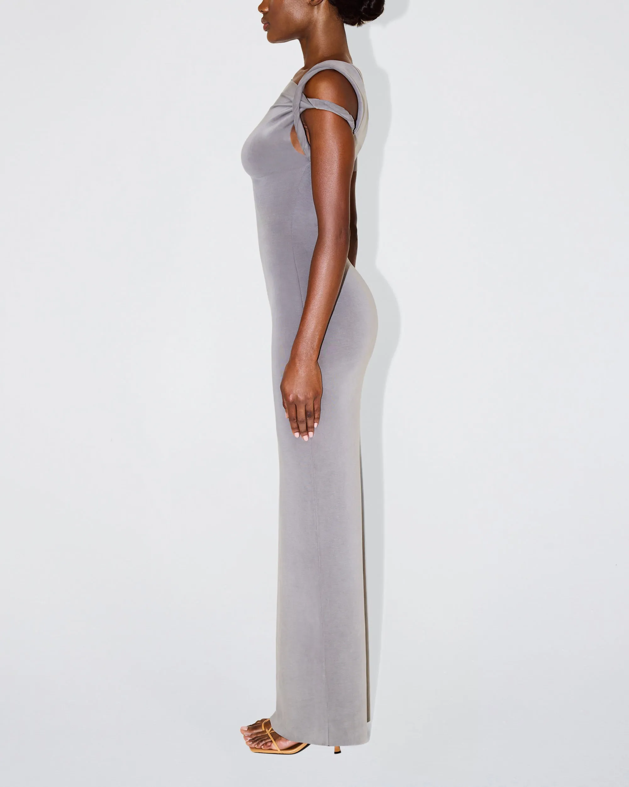 Sueded Stretch Twist Maxi Dress | Steel Grey