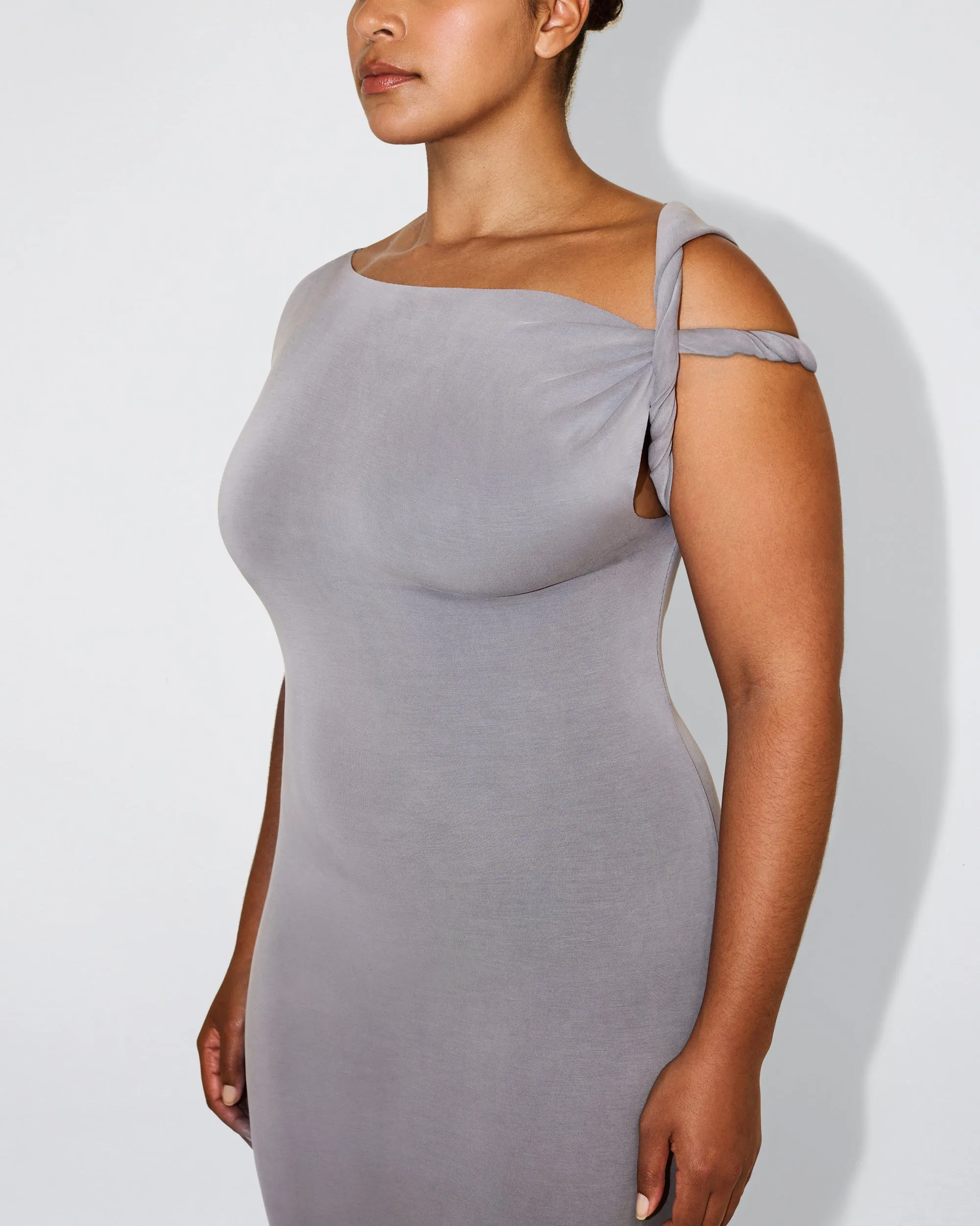 Sueded Stretch Twist Maxi Dress | Steel Grey