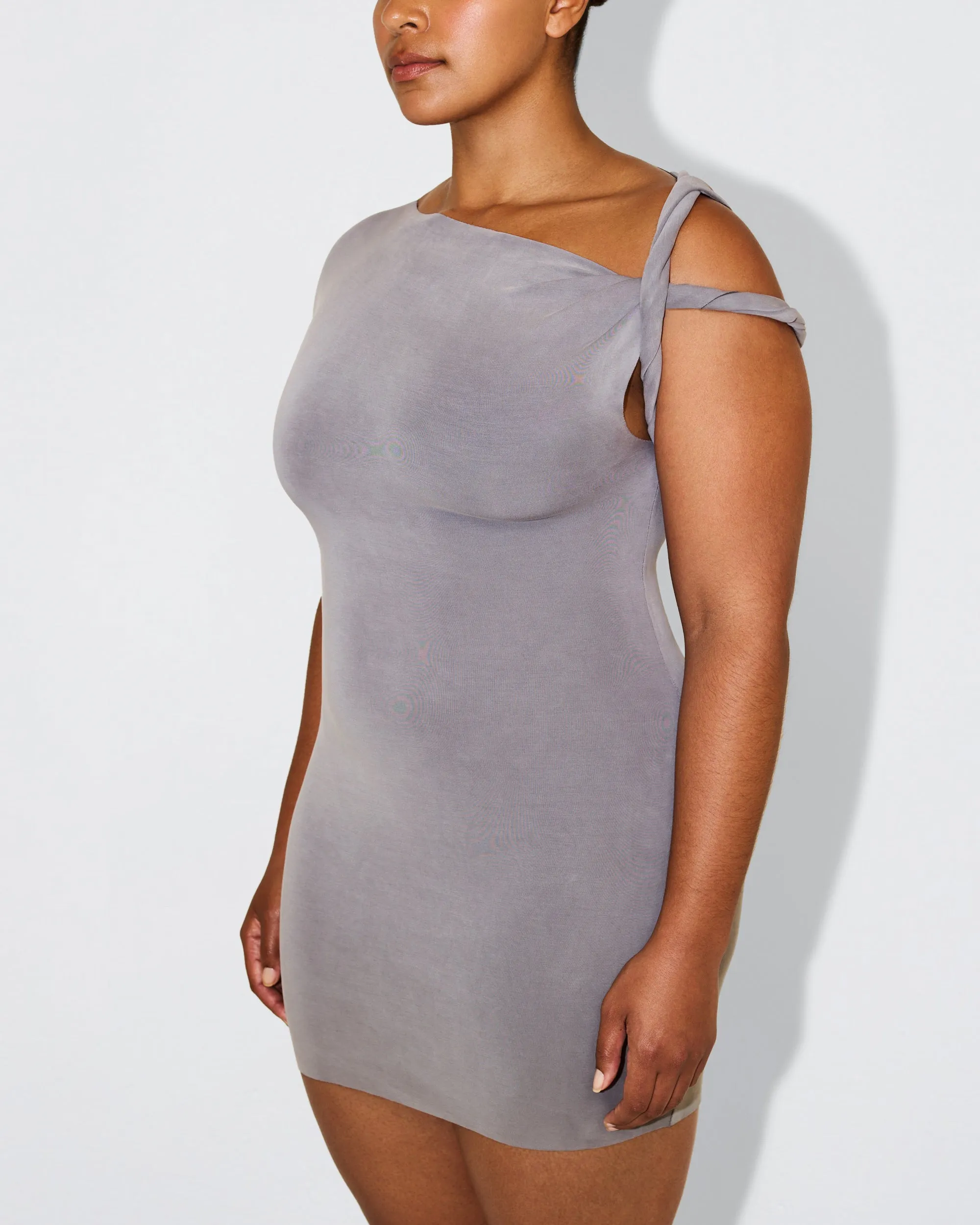 Sueded Stretch Twist Mini Dress | Steel Grey