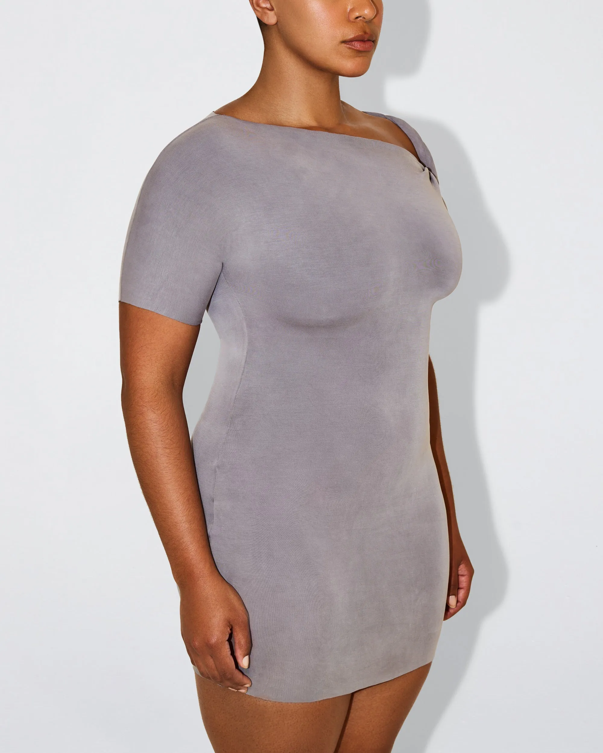 Sueded Stretch Twist Mini Dress | Steel Grey