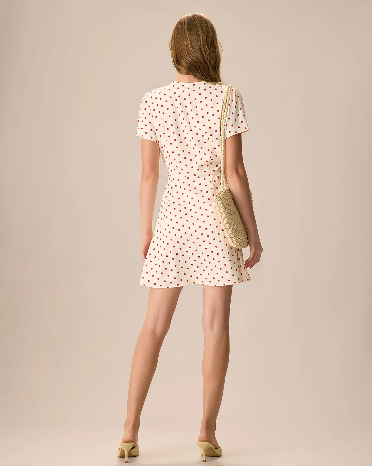 The Beige Polka Dot Button Mini Dress