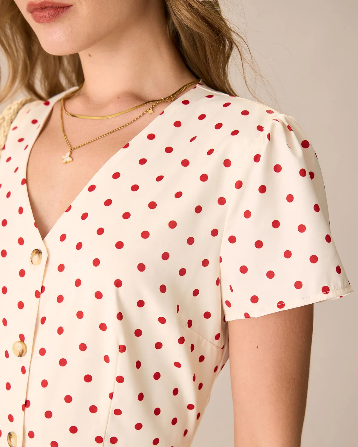 The Beige Polka Dot Button Mini Dress