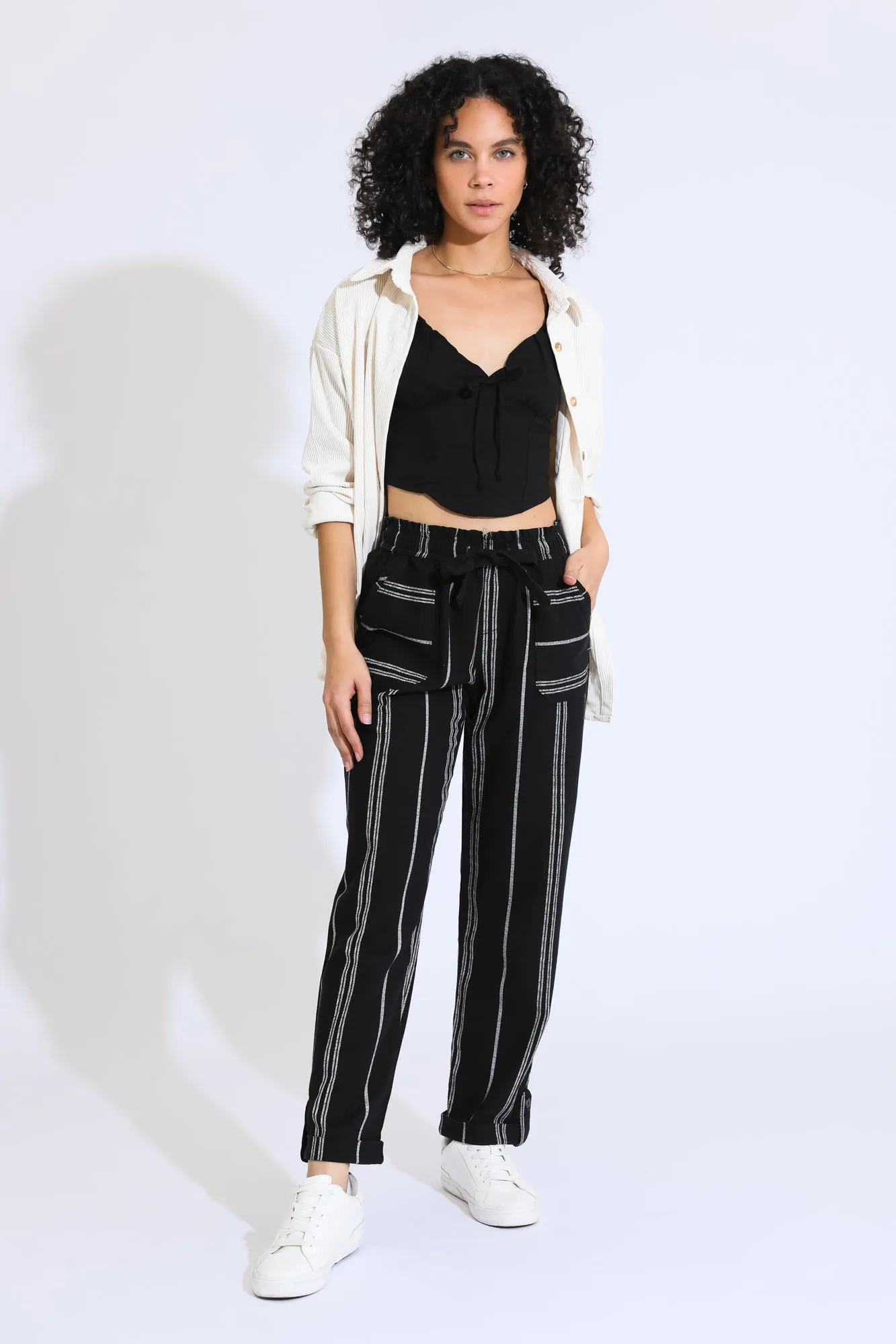 Tie Waist Convertible Pant - Black / White