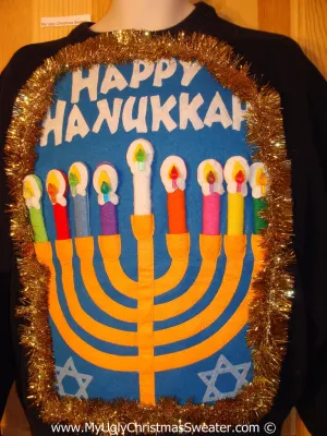 Ugly Christmas Sweater Party Hanukkah Sweater Mens with Menorah (j238)