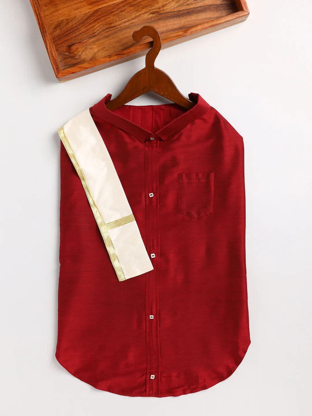 Vastramay Cats Cotton Blend Maroon Shirt With Angavastram