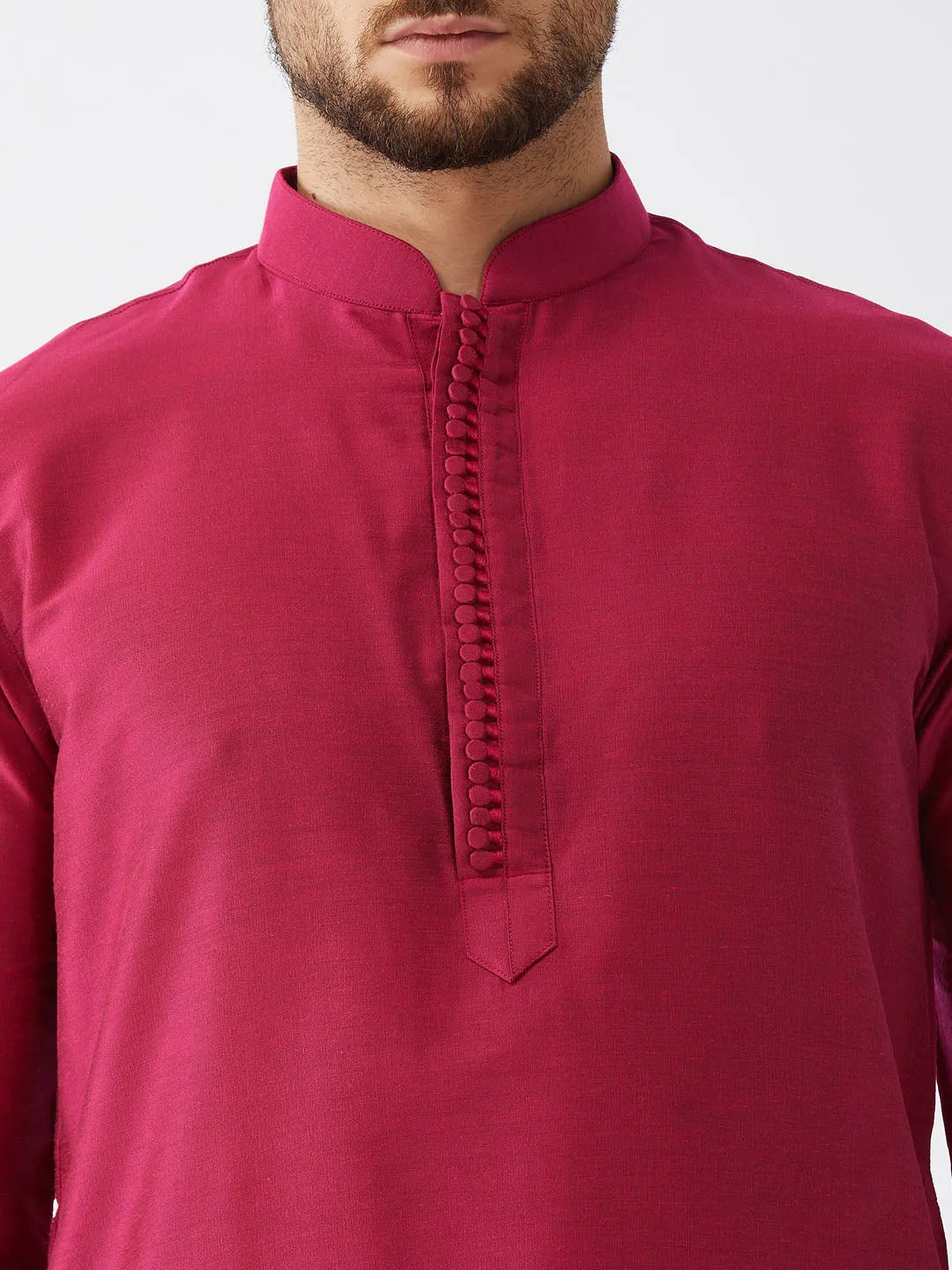 VASTRAMAY Men's Fuchsia Pink And Gold Cotton Silk Blend Kurta And Dhoti Set