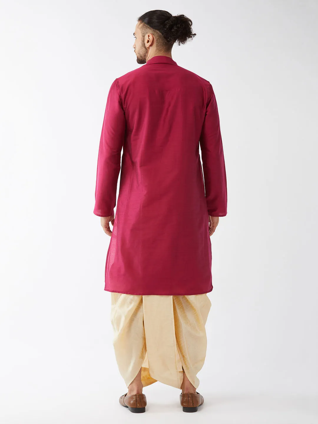 VASTRAMAY Men's Fuchsia Pink And Gold Cotton Silk Blend Kurta And Dhoti Set