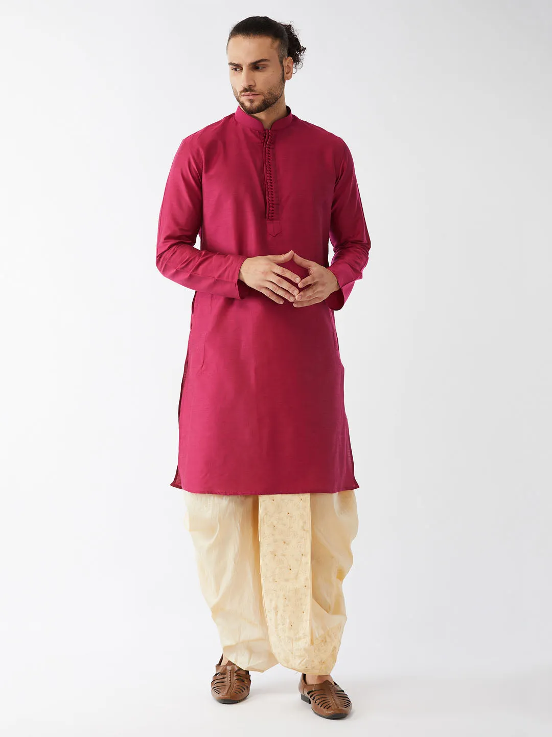 VASTRAMAY Men's Fuchsia Pink And Gold Cotton Silk Blend Kurta And Dhoti Set