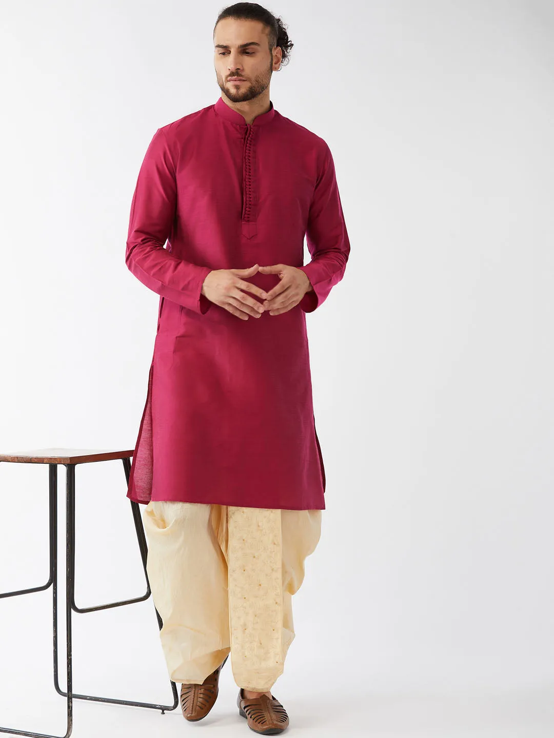 VASTRAMAY Men's Fuchsia Pink And Gold Cotton Silk Blend Kurta And Dhoti Set