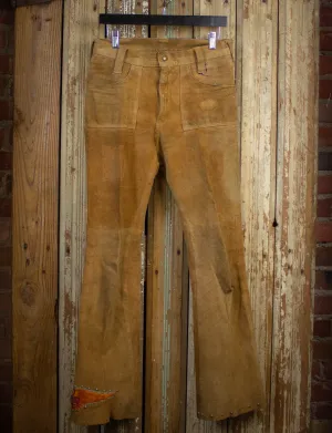 Vintage Suede Bell Bottom Pants with Harley Davidson Patch 70s Light Brown 30x31