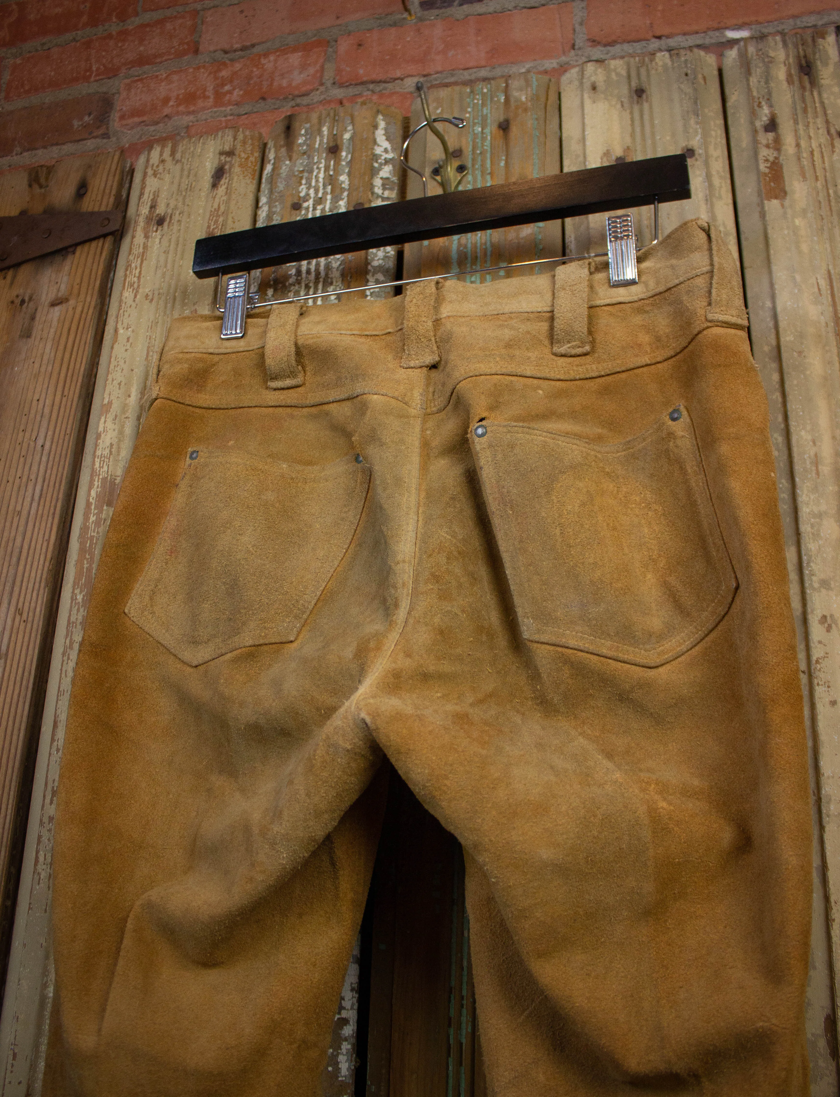 Vintage Suede Bell Bottom Pants with Harley Davidson Patch 70s Light Brown 30x31