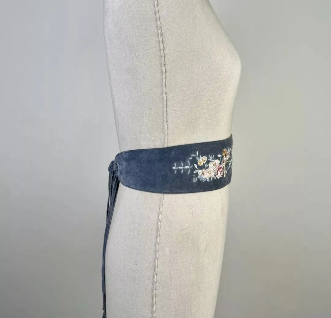 We Are Kindred Size S/M Belt Blue Grey Suede Embroidered Floral Wide Tie Fringe